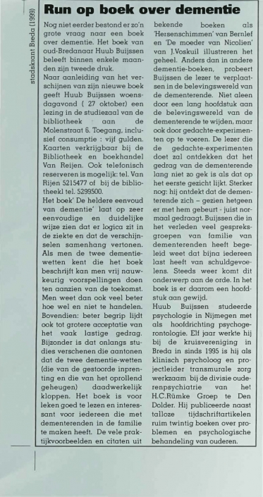 artikel (1999) – Stadskrant Breda – Run op boek over dementie -1
