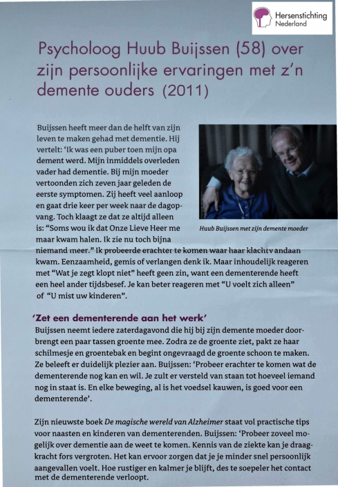 artikel (2011) – De Hersenstichting – Psycholoog Huub Buijssen over zijn persoonlijke ervaringen met z’n demente ouders-1